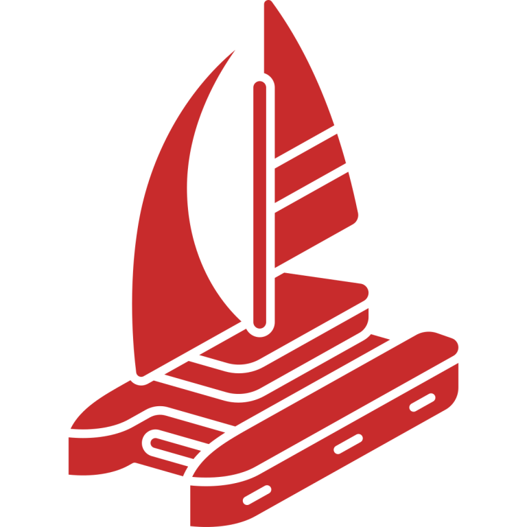 Red, stylized sailboat icon with two sails and a flat base