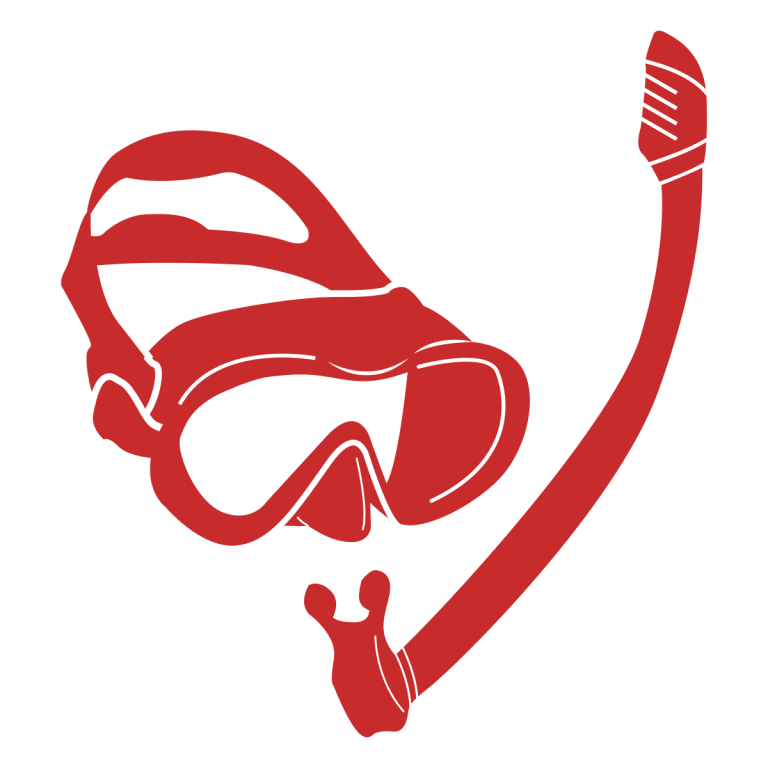 Red line drawing of snorkel mask and tube on white background.