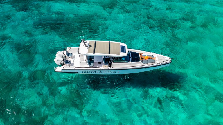 Aerial view of a private yacht in the ocean