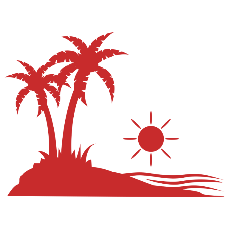 Red silhouette of palm trees, sun, and waves on a small hill.