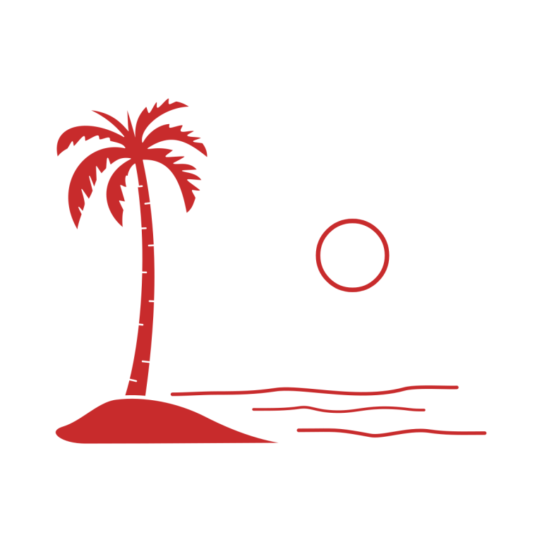 Red silhouette of a palm tree on an island with a sun and waves.