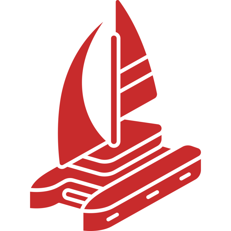 Red, stylized sailboat icon with two sails and a flat base