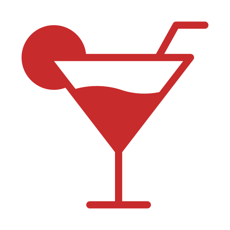 Red martini glass icon with a lemon slice and straw.