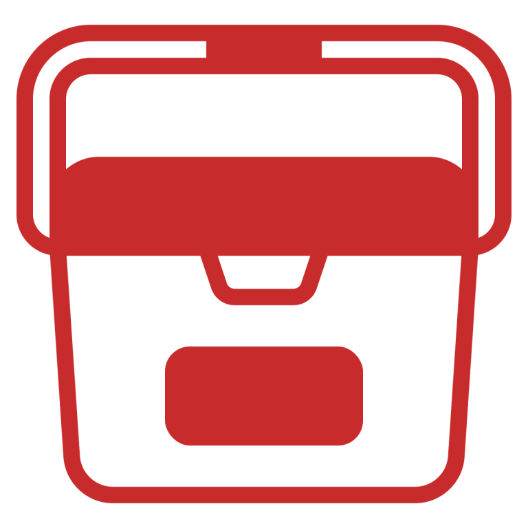 Red line drawing of a storage box with a handle on top.
