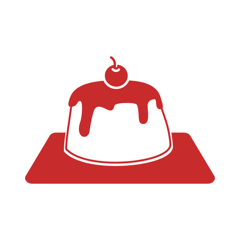 Red silhouette of a dessert with dripping sauce and a cherry on top.