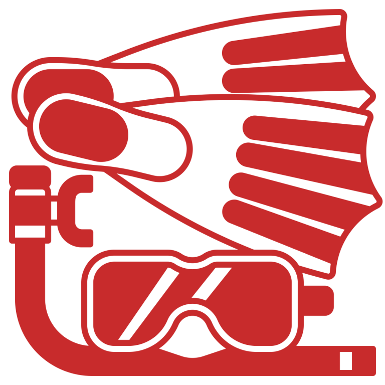 Red icon of diving gear: snorkel, mask, and flippers.