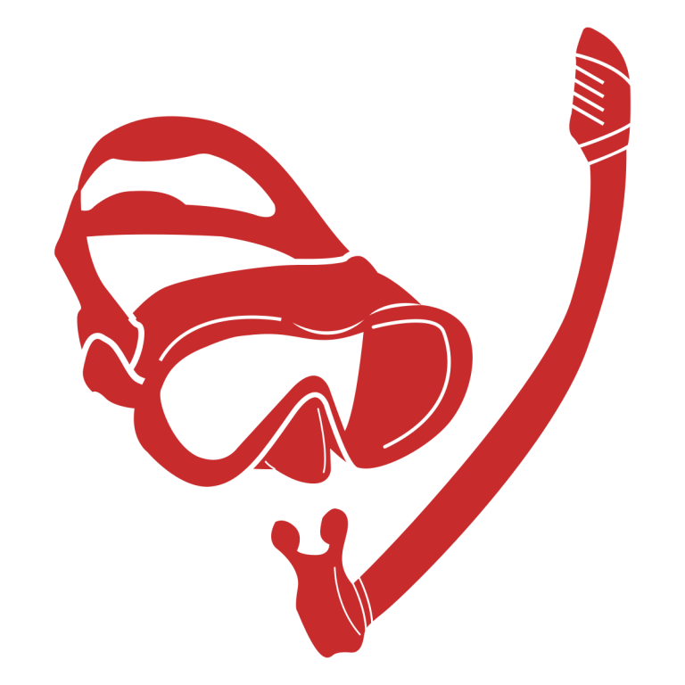 Red line drawing of snorkel mask and tube on white background.