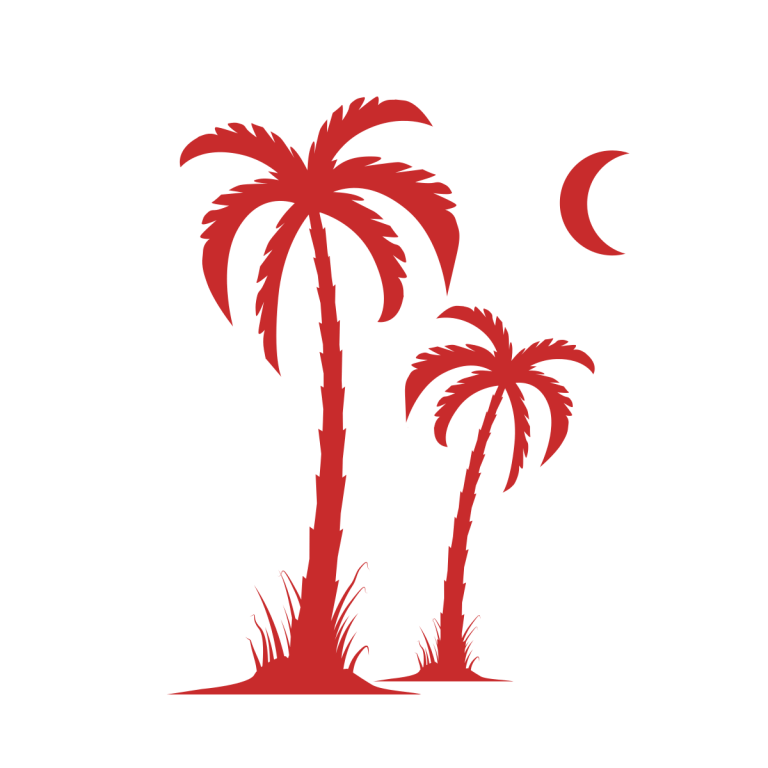 Two red palm trees and a crescent moon on a green background.