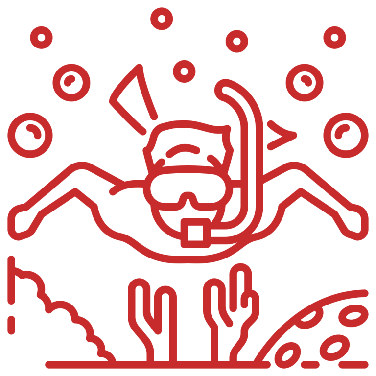 Line drawing of a snorkeler underwater with bubbles and coral.