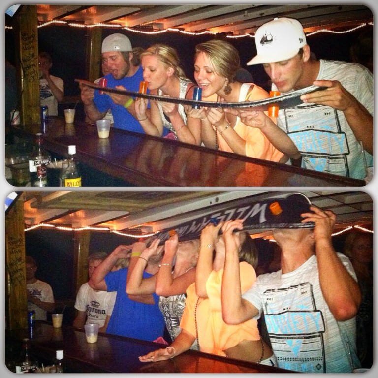 Group of people doing shots from a ski at a bar, two photos stacked.