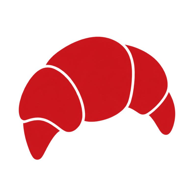 Red stylized croissant illustration.
