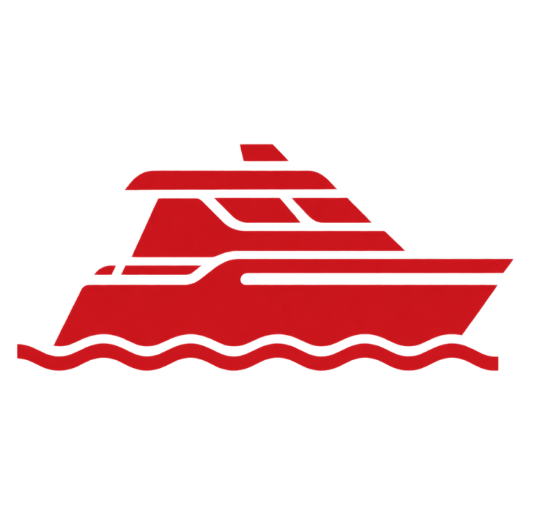 Red boat icon on wavy lines, symbolizing water.