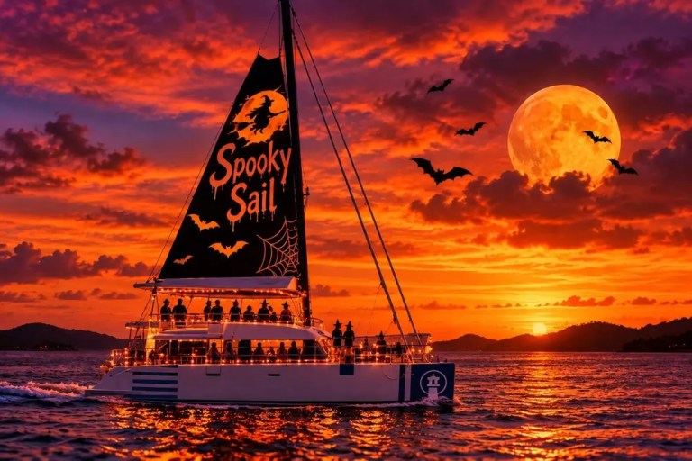 Sailboat at sunset with full moon, bats, and 'Spooky Sail' sail.